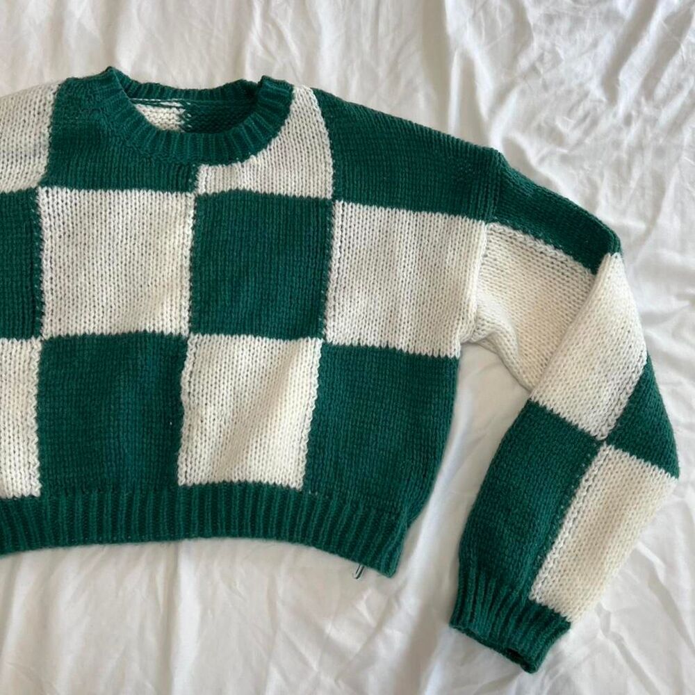 Green & Cream Checker Knit Sweater | NWOT | Size M